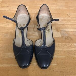 Salvatore Ferragamo Leather Navy T-Strap Heels